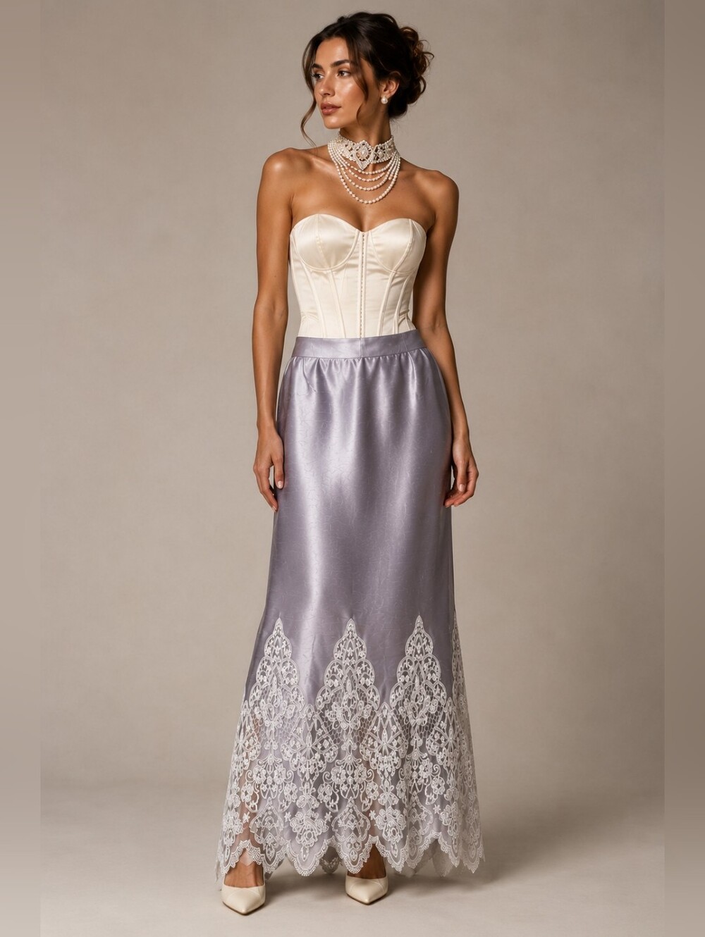Vintage Maxi Skirt With Scalloped Lace, Bridal Petite Formal